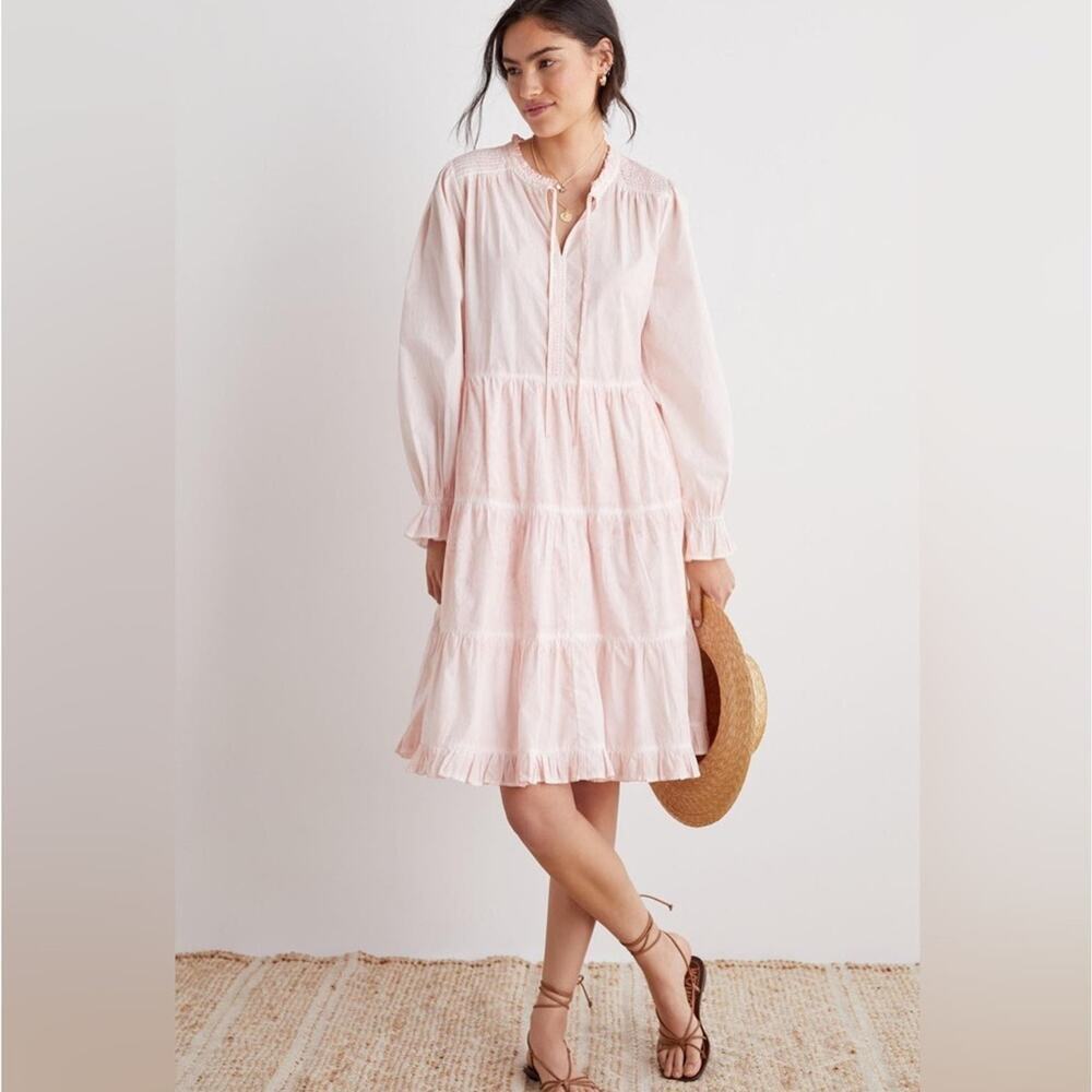 Anthro Othilia 100% Cotton Tiered Dress Knee Length Long Sleeves Pink Small New